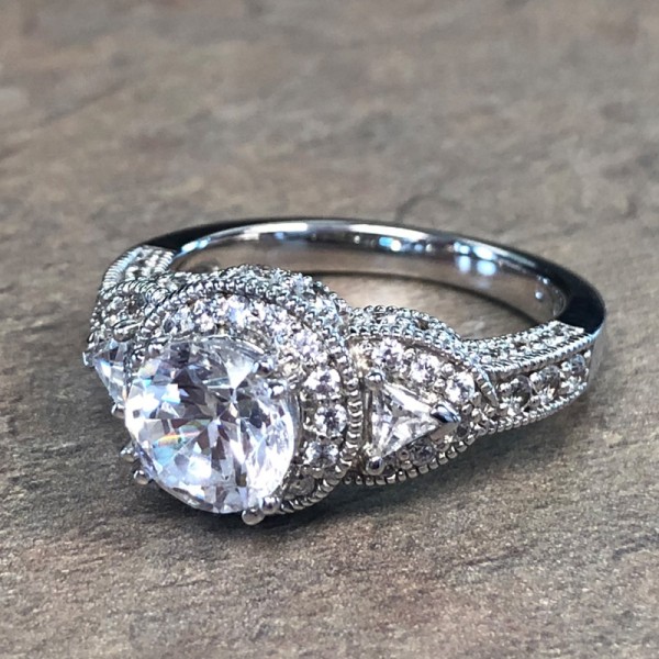 14K White Gold 3 Stone Halo Engagement Ring